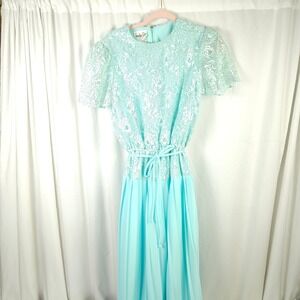 Vintage Jennifer Gee Teal Lace Bodice Tie Belt Midi Dress Women's‎ 14
